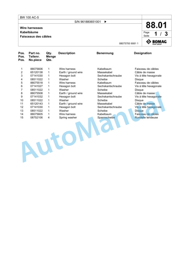 Bomag BW 100 AC-5 Tandem Vibratory Roller Spare Parts Catalogue 00826091-2