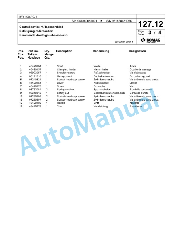 Bomag BW 100 AC-5 Tandem Vibratory Roller Spare Parts Catalogue 00826091-3
