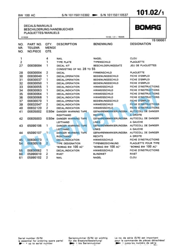 Bomag BW 100 AC, BW 120 AC Combination Roller Spare Parts Catalogue 00810119-5