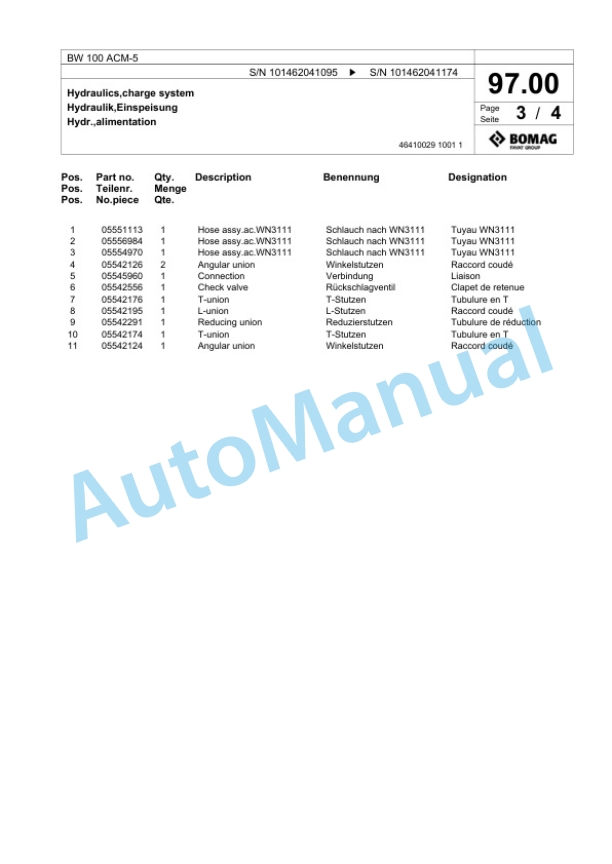 Bomag BW 100 ACM-5 Combination Roller Spare Parts Catalogue 00824123-3