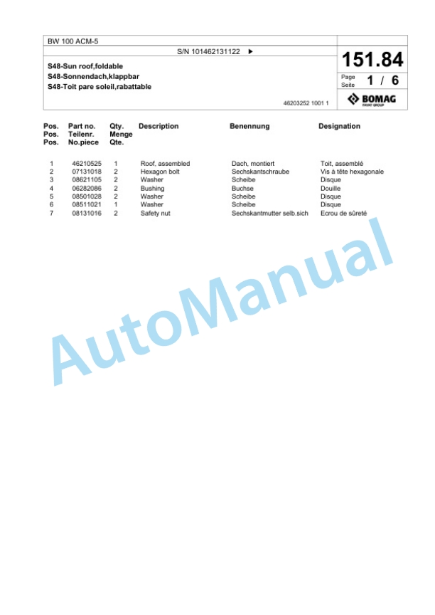 Bomag BW 100 ACM-5 Combination Roller Spare Parts Catalogue 00825291-3