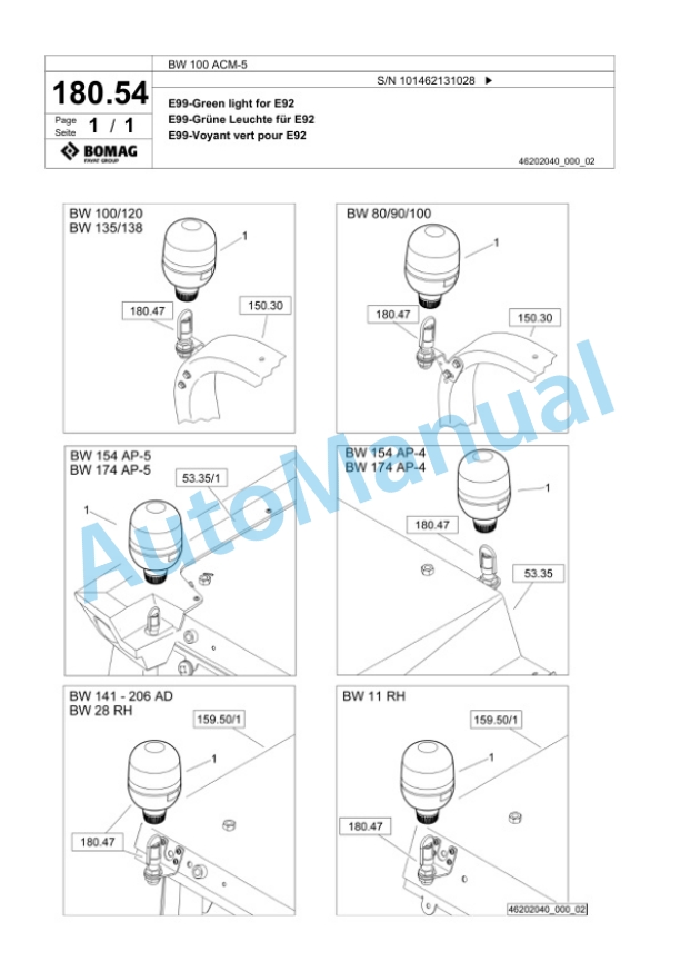 Bomag BW 100 ACM-5 Combination Roller Spare Parts Catalogue 00825291-5