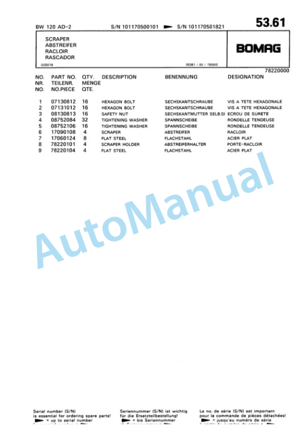 Bomag BW 100 AD-2, BW 120 AD-2 Tandem Vibratory Roller Spare Parts Catalogue 00810068-2