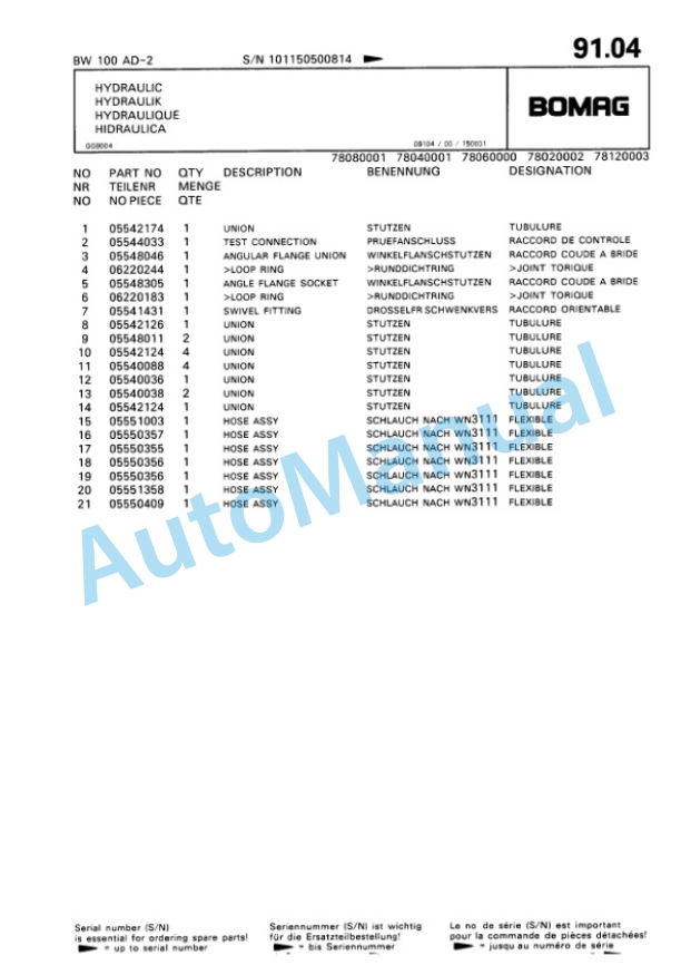 Bomag BW 100 AD-2 Tandem Vibratory Roller Spare Parts Catalogue 00812740-4