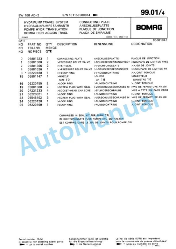 Bomag BW 100 AD-2 Tandem Vibratory Roller Spare Parts Catalogue 00812740-5
