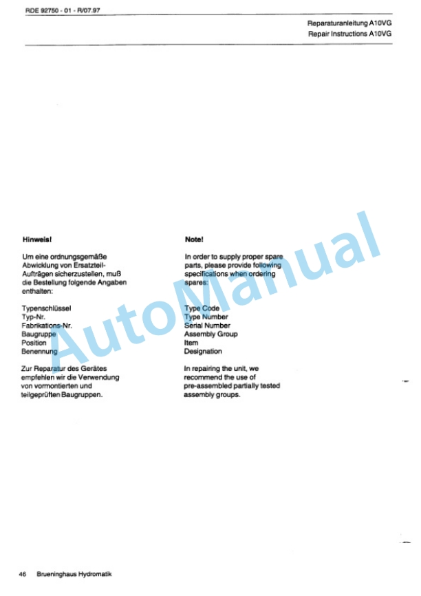 Bomag BW 100 AD-3, BW 100 AC-3, BW 120 AD-3, BW 120 AC-3 Tandem Vibratory Rollers Repair Instructions 00819371-4
