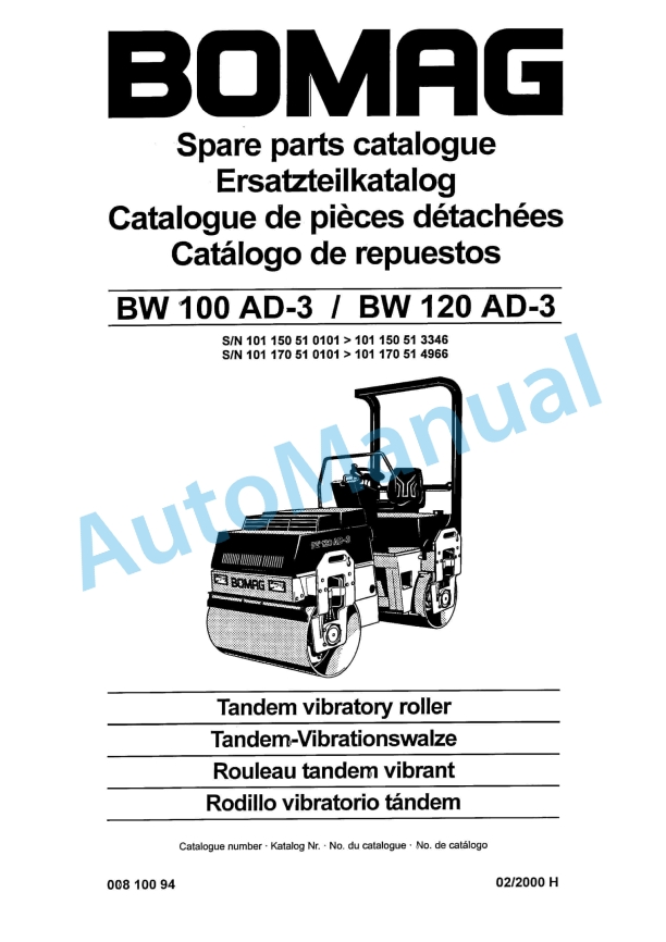 Bomag BW 100 AD-3, BW 120 AD-3 Tandem Vibratory Roller Spare Parts Catalogue 00810094