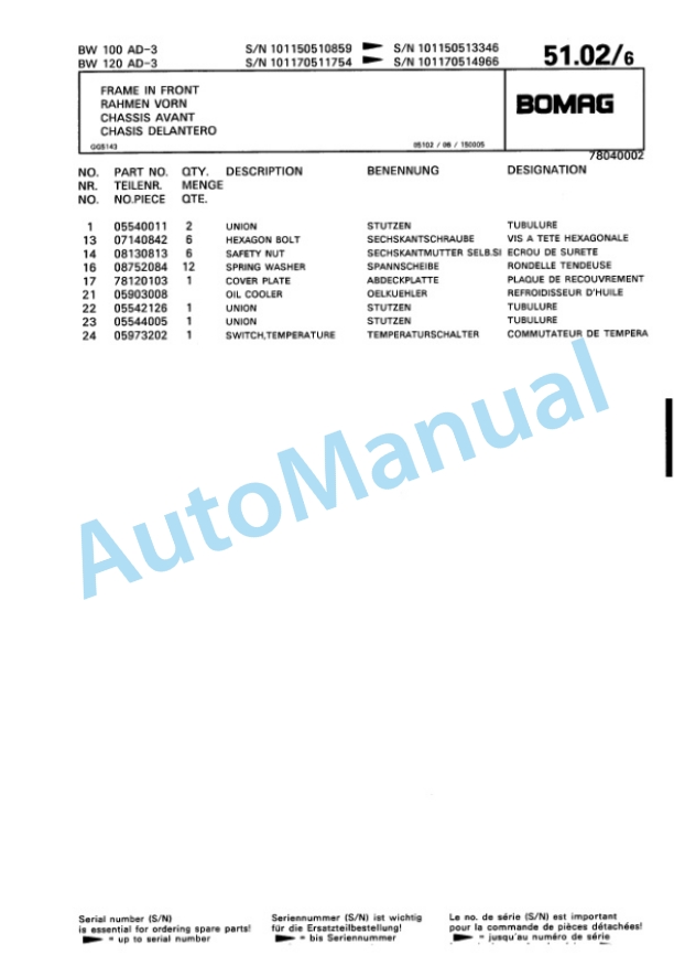 Bomag BW 100 AD-3, BW 120 AD-3 Tandem Vibratory Roller Spare Parts Catalogue 00810094-2