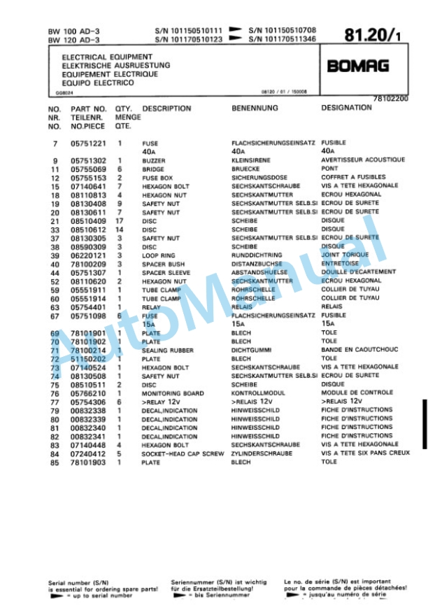 Bomag BW 100 AD-3, BW 120 AD-3 Tandem Vibratory Roller Spare Parts Catalogue 00810094-3