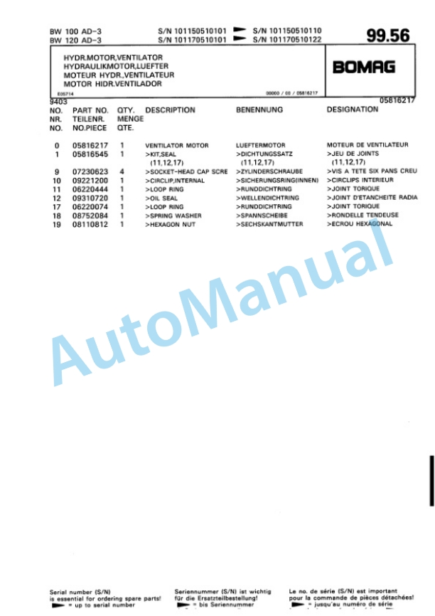 Bomag BW 100 AD-3, BW 120 AD-3 Tandem Vibratory Roller Spare Parts Catalogue 00810094-5