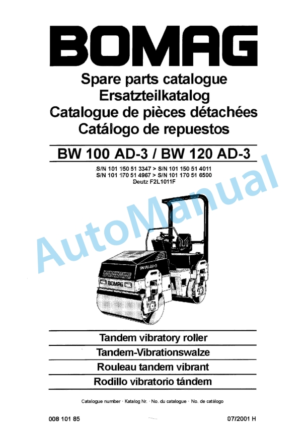 Bomag BW 100 AD-3, BW 120 AD-3 Tandem Vibratory Roller Spare Parts Catalogue 00810185