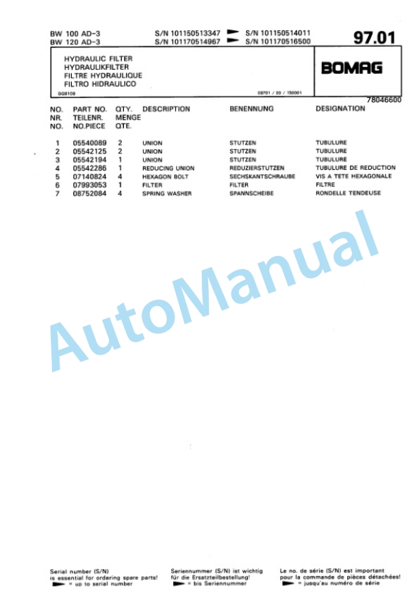 Bomag BW 100 AD-3, BW 120 AD-3 Tandem Vibratory Roller Spare Parts Catalogue 00810185-3