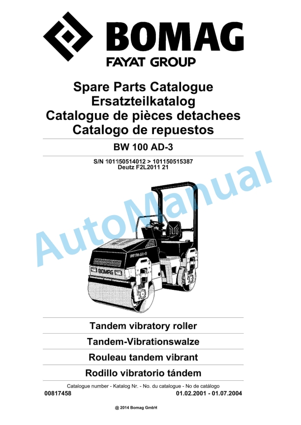 Bomag BW 100 AD-3 Tandem Vibratory Roller Spare Parts Catalogue 00817458