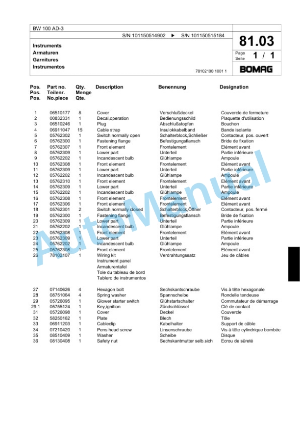 Bomag BW 100 AD-3 Tandem Vibratory Roller Spare Parts Catalogue 00817458-3