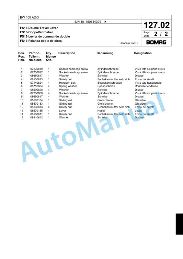 Bomag BW 100 AD-3 Tandem Vibratory Roller Spare Parts Catalogue 00817458-5