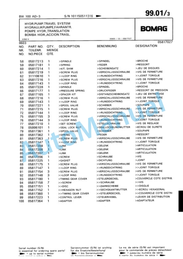 Bomag BW 100 AD-3 Tandem Vibratory Roller Spare Parts Catalogue 00818802-4