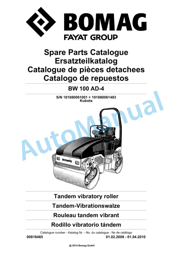 Bomag BW 100 AD-4 Tandem Vibratory Roller Spare Parts Catalogue 00818465