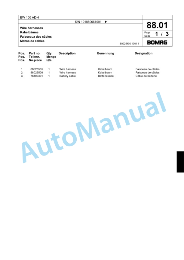 Bomag BW 100 AD-4 Tandem Vibratory Roller Spare Parts Catalogue 00818465-2