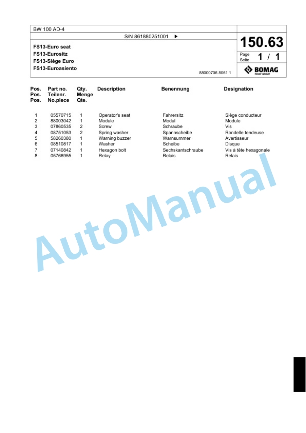 Bomag BW 100 AD-4 Tandem Vibratory Roller Spare Parts Catalogue 00824271-5