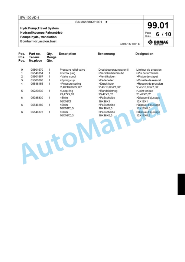 Bomag BW 100 AD-4 Tandem Vibratory Roller Spare Parts Catalogue 00824273-3
