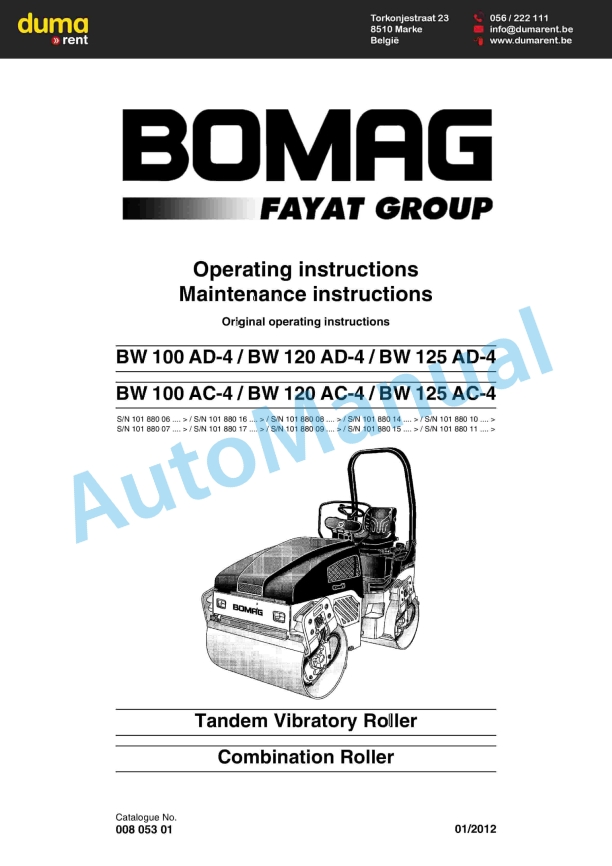 Bomag BW 100 AD-4 to BW 125 AC-4 Tandem Vibratory Roller Operating and Maintenance Instructions 00805301