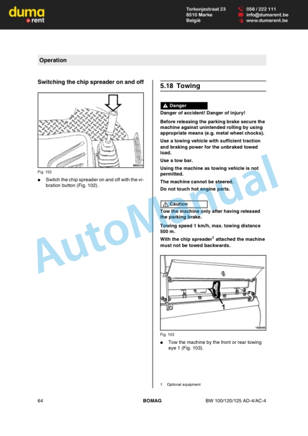 Bomag BW 100 AD-4 to BW 125 AC-4 Tandem Vibratory Roller Operating and Maintenance Instructions 00805301-2