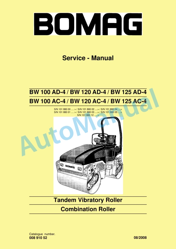 Bomag BW 100 AD-4 to BW 125 AC-4 Tandem Vibratory Rollers Service Manual 00891052