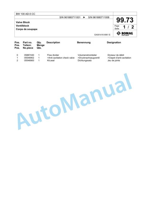 Bomag BW 100 AD-5 CC Tandem Vibratory Roller Spare Parts Catalogue 00826791-3