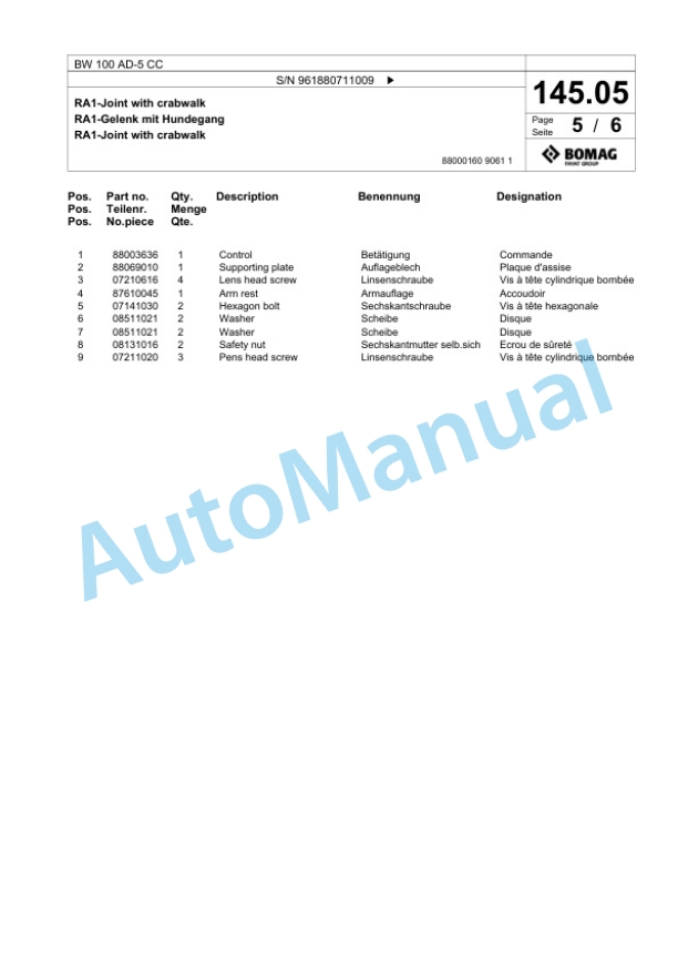 Bomag BW 100 AD-5 CC Tandem Vibratory Roller Spare Parts Catalogue 00826791-5