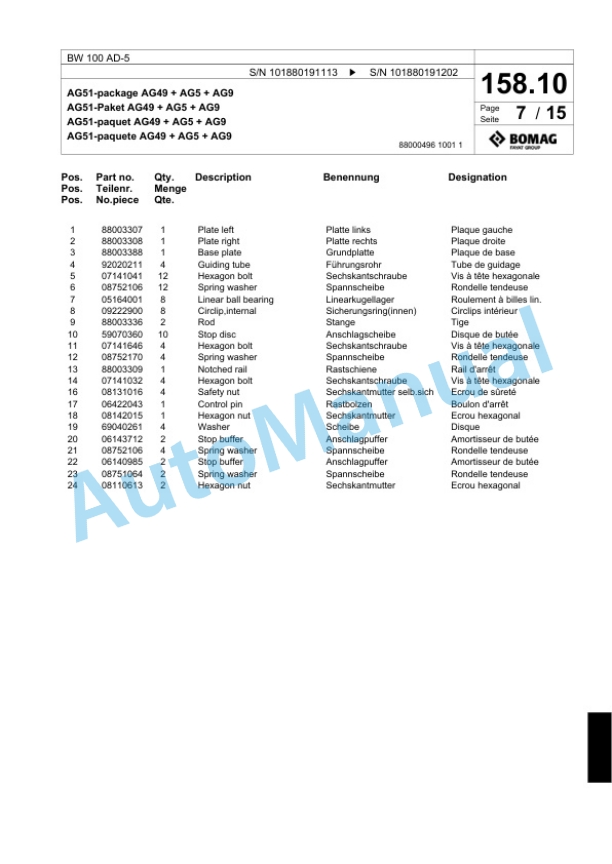 Bomag BW 100 AD-5 Tandem Vibratory Roller Spare Parts Catalogue 00824029-4