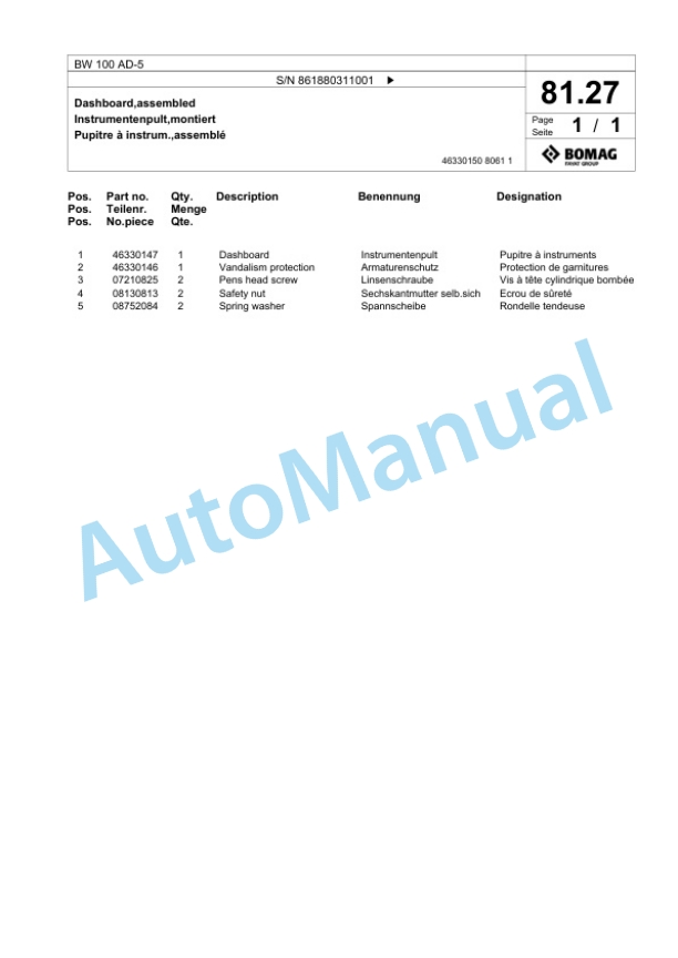 Bomag BW 100 AD-5 Tandem Vibratory Roller Spare Parts Catalogue 00824561-3