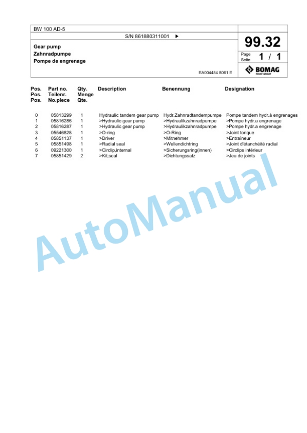 Bomag BW 100 AD-5 Tandem Vibratory Roller Spare Parts Catalogue 00824561-5