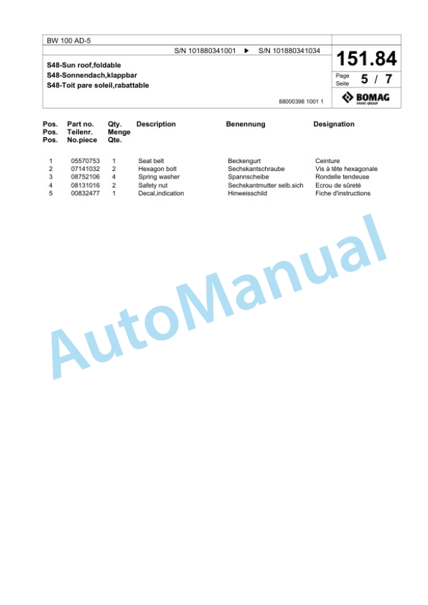Bomag BW 100 AD-5 Tandem Vibratory Roller Spare Parts Catalogue 00824617-3