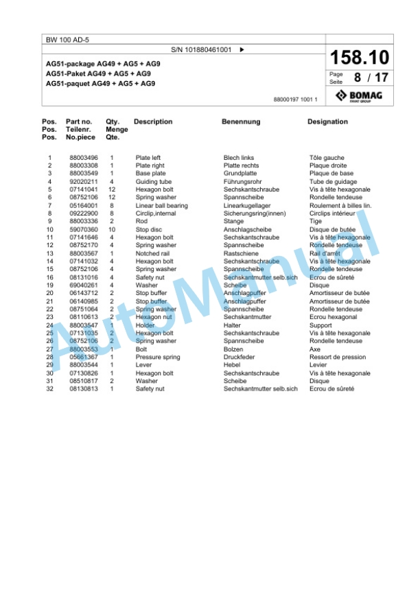 Bomag BW 100 AD-5 Tandem Vibratory Roller Spare Parts Catalogue 00825357-4