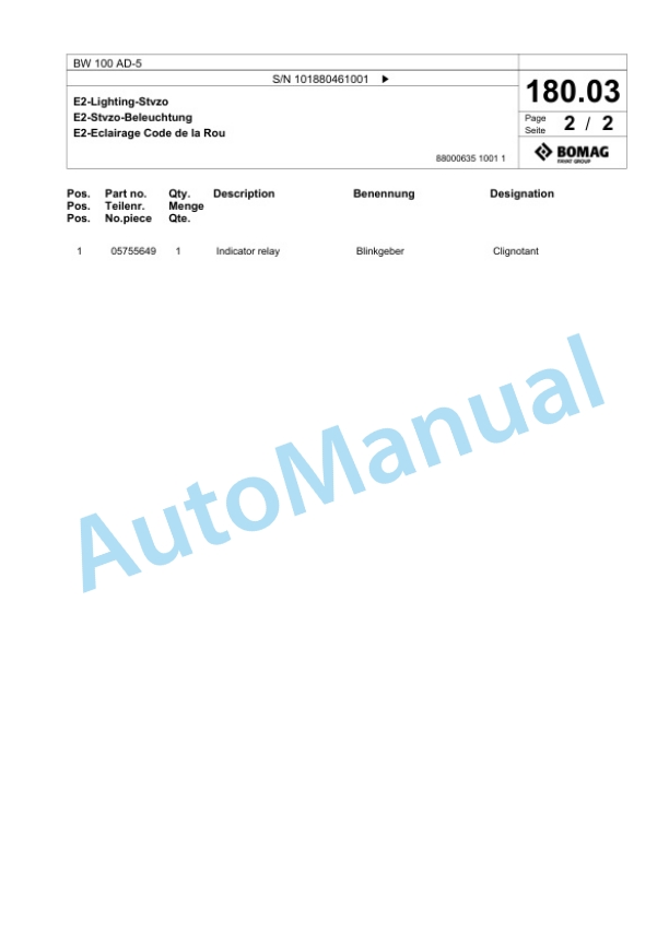 Bomag BW 100 AD-5 Tandem Vibratory Roller Spare Parts Catalogue 00825357-5