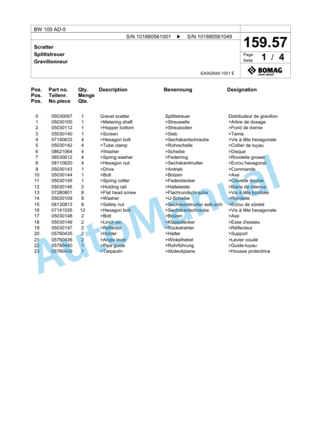 Bomag BW 100 AD-5 Tandem Vibratory Roller Spare Parts Catalogue 00825565-4
