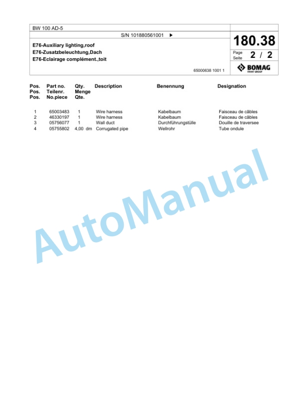 Bomag BW 100 AD-5 Tandem Vibratory Roller Spare Parts Catalogue 00825565-5