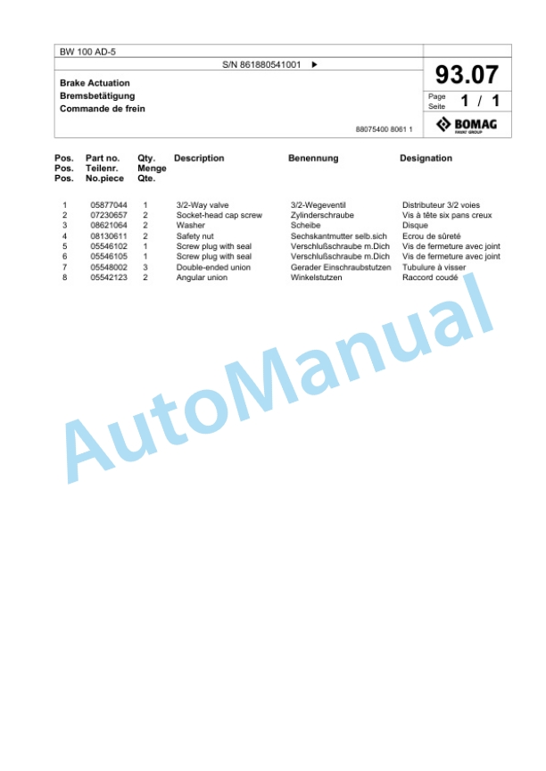 Bomag BW 100 AD-5 Tandem Vibratory Roller Spare Parts Catalogue 00825643-3