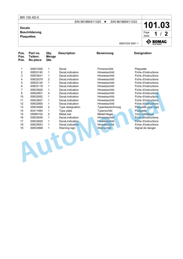 Bomag BW 100 AD-5 Tandem Vibratory Roller Spare Parts Catalogue 00826215-3