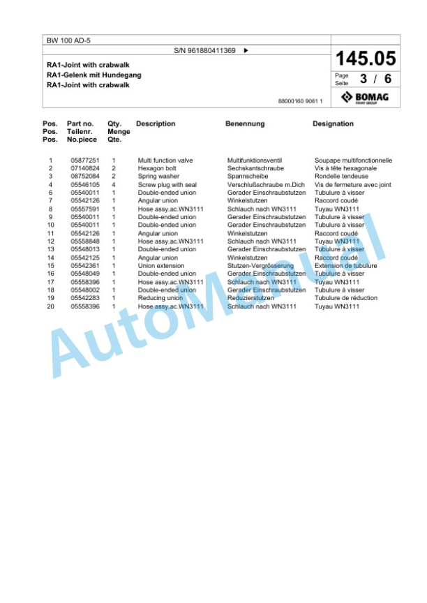 Bomag BW 100 AD-5 Tandem Vibratory Roller Spare Parts Catalogue 00826215-4