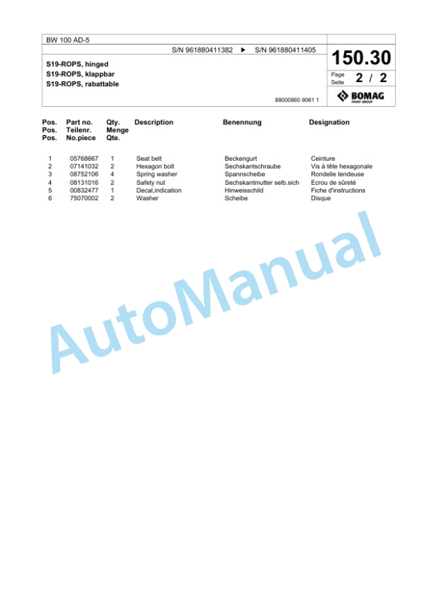 Bomag BW 100 AD-5 Tandem Vibratory Roller Spare Parts Catalogue 00826215-5