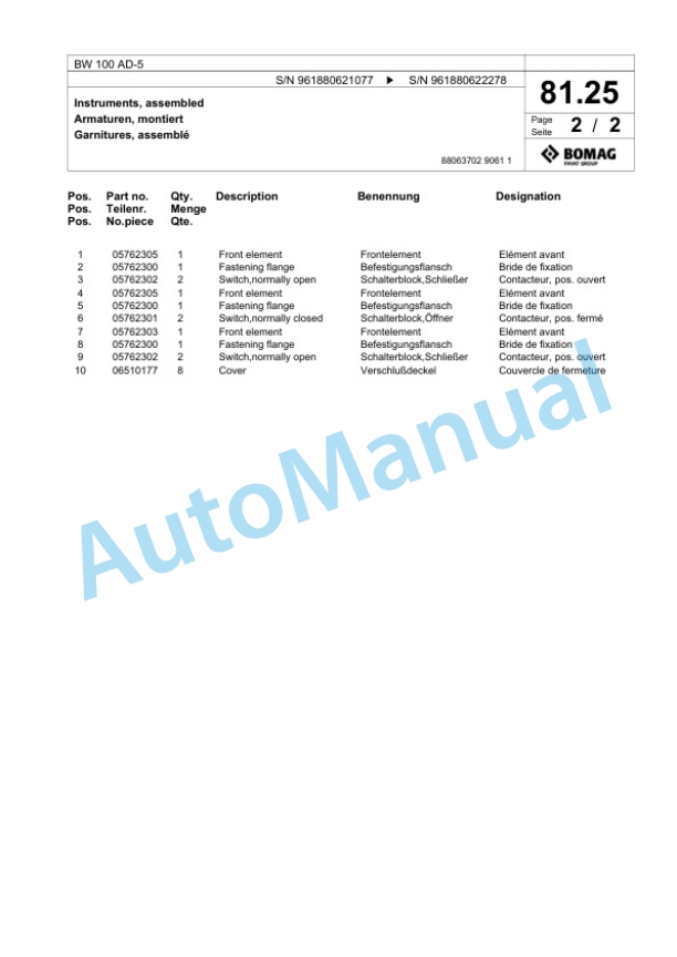 Bomag BW 100 AD-5 Tandem Vibratory Roller Spare Parts Catalogue 00826219-2