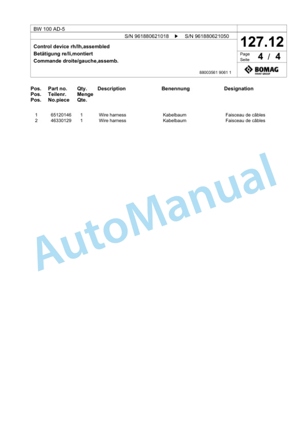 Bomag BW 100 AD-5 Tandem Vibratory Roller Spare Parts Catalogue 00826219-3
