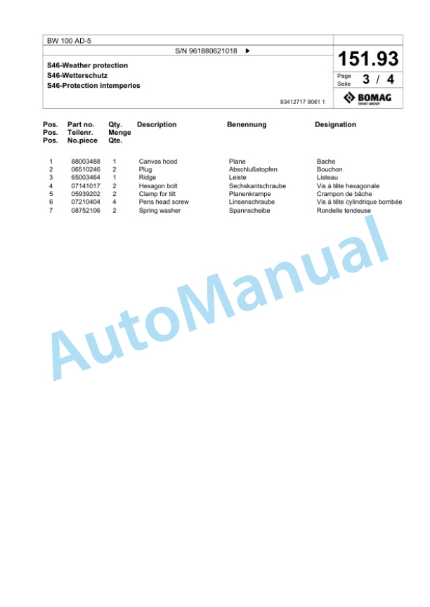 Bomag BW 100 AD-5 Tandem Vibratory Roller Spare Parts Catalogue 00826219-5