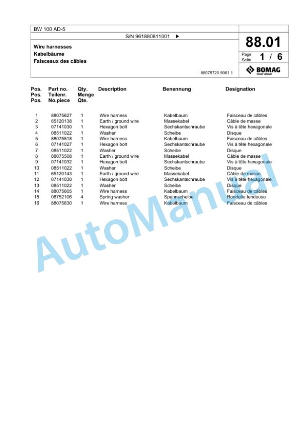 Bomag BW 100 AD-5 Tandem Vibratory Roller Spare Parts Catalogue 00826813-2