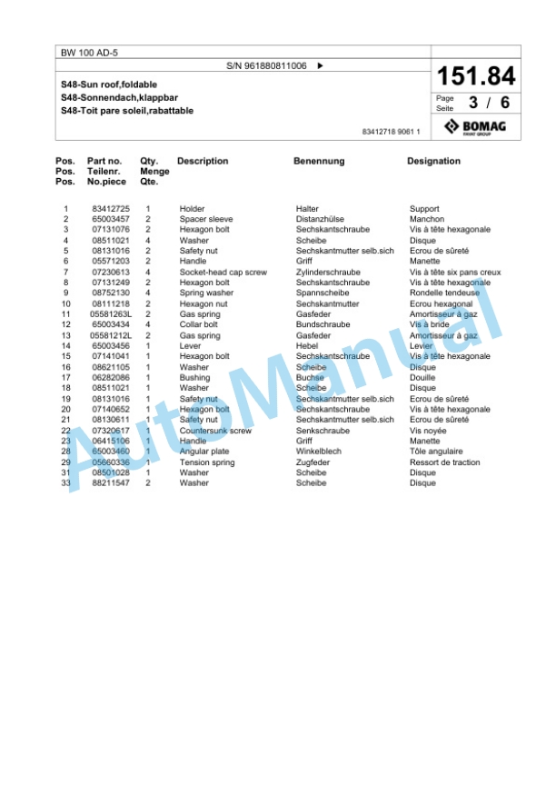 Bomag BW 100 AD-5 Tandem Vibratory Roller Spare Parts Catalogue 00826813-4