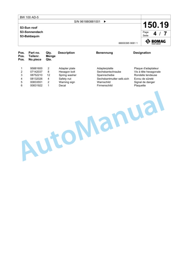 Bomag BW 100 AD-5 Tandem Vibratory Roller Spare Parts Catalogue 00827043-3