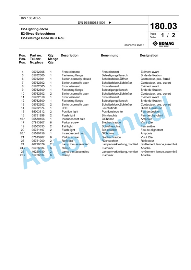 Bomag BW 100 AD-5 Tandem Vibratory Roller Spare Parts Catalogue 00827043-5