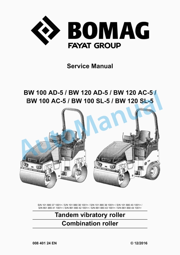 Bomag BW 100 AD-5 to BW 120 SL-5 Tandem Vibratory Rollers Service Manual 00840124