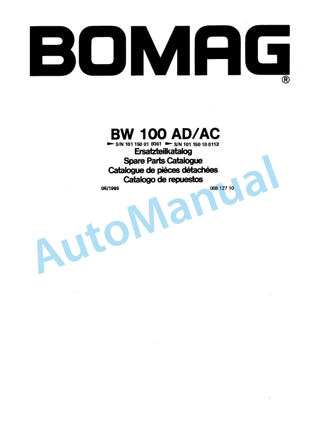 Bomag BW 100 AD-AC Spare Parts Catalogue 00812710